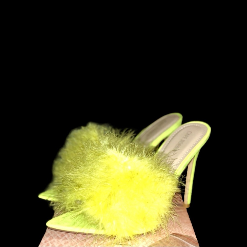 Neon Yellow Feather Point Toe Stiletto Sandals - Picture 2 of 5
